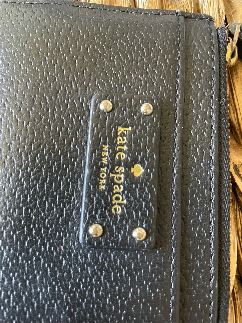 kate spade Black Leather Zip Card Holder with Gold Logo
